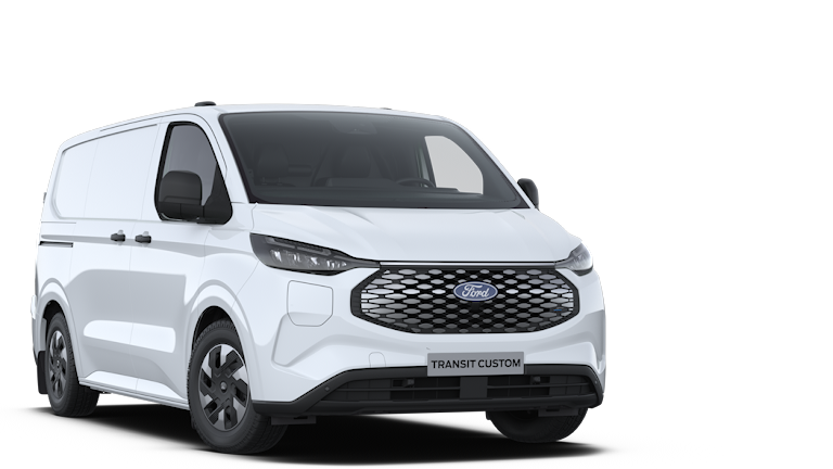 Ford E-Transit Custom bianco, vista da tre quarti anteriormente